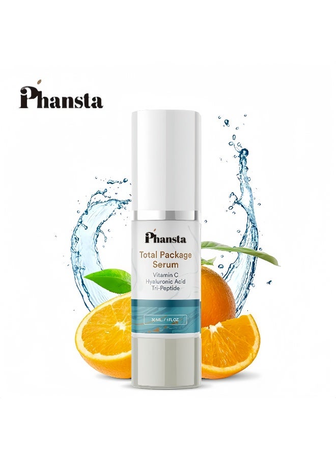 Phansta Total Package Serum, 30ml, combines Vitamin C, Hyaluronic Acid, and Tripeptide for synergistic brightening and firming. - Image 1